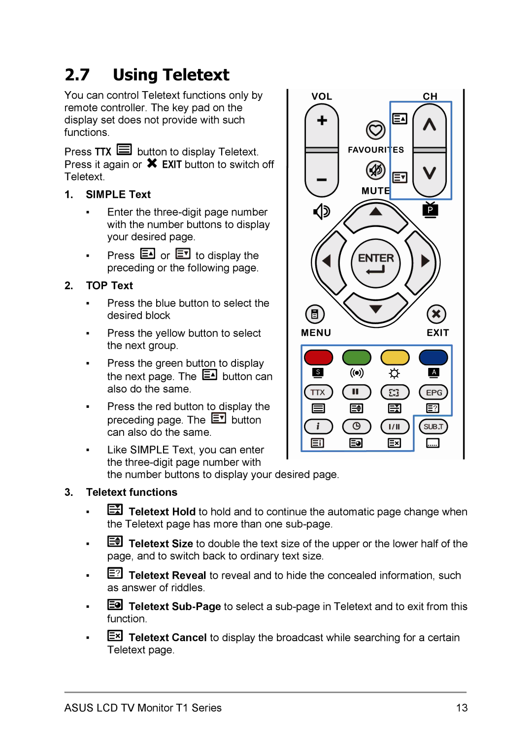 Asus T1 user manual Using Teletext, Simple Text, TOP Text, Teletext functions 