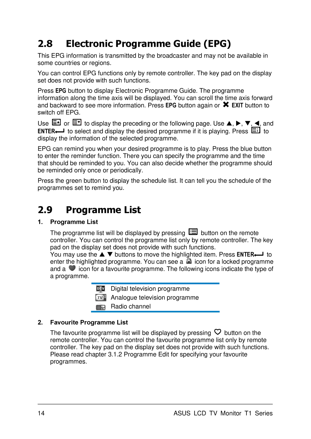 Asus T1 user manual Electronic Programme Guide EPG, Favourite Programme List 