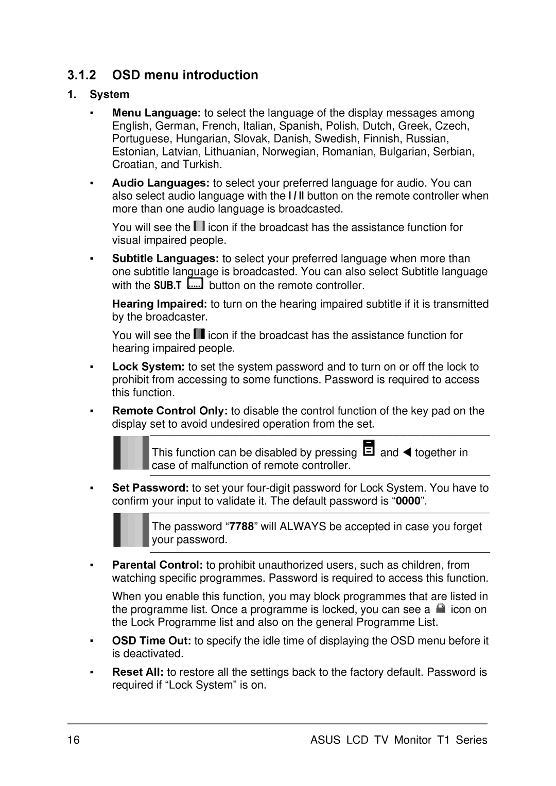 Asus T1 user manual OSD menu introduction, System 