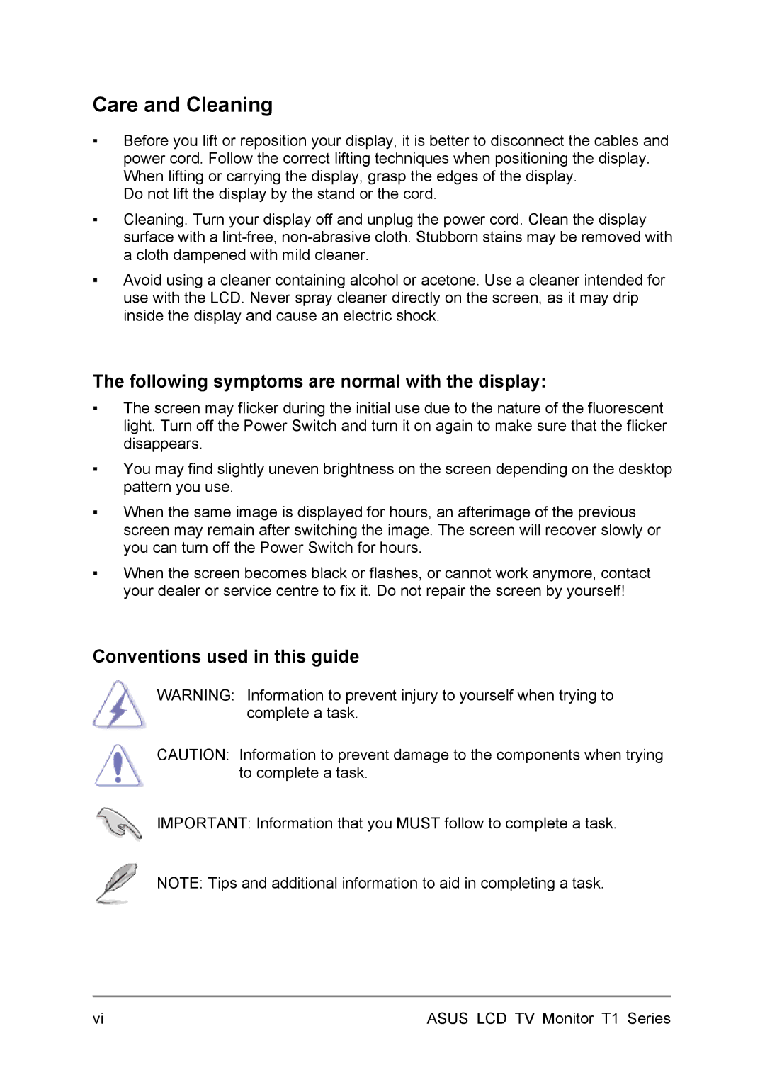 Asus T1 user manual Following symptoms are normal with the display, Conventions used in this guide 