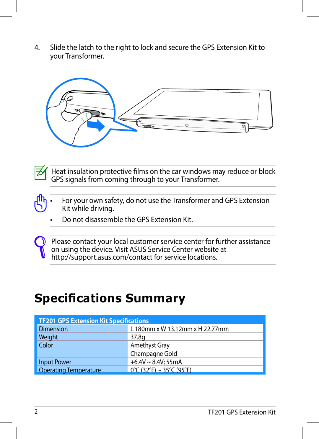 Asus TF201-B1-CG manual Specifications Summary, TF201 GPS Extension Kit Specifications 