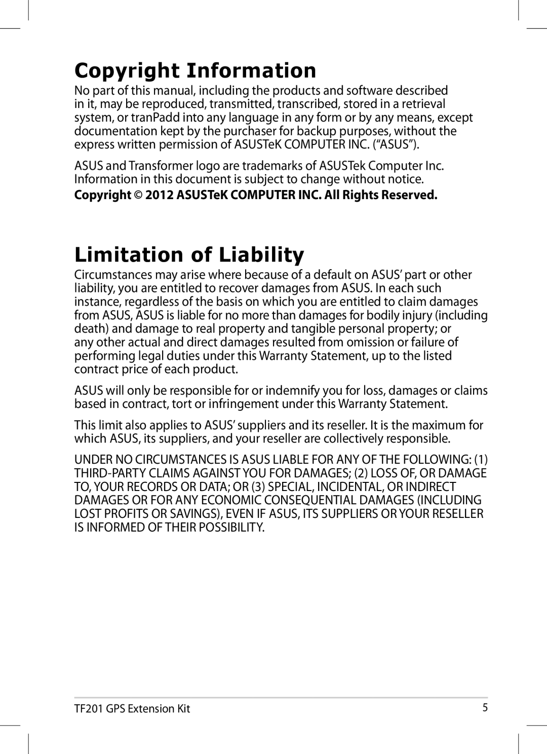 Asus TF201-B1-CG manual Copyright Information, Limitation of Liability 