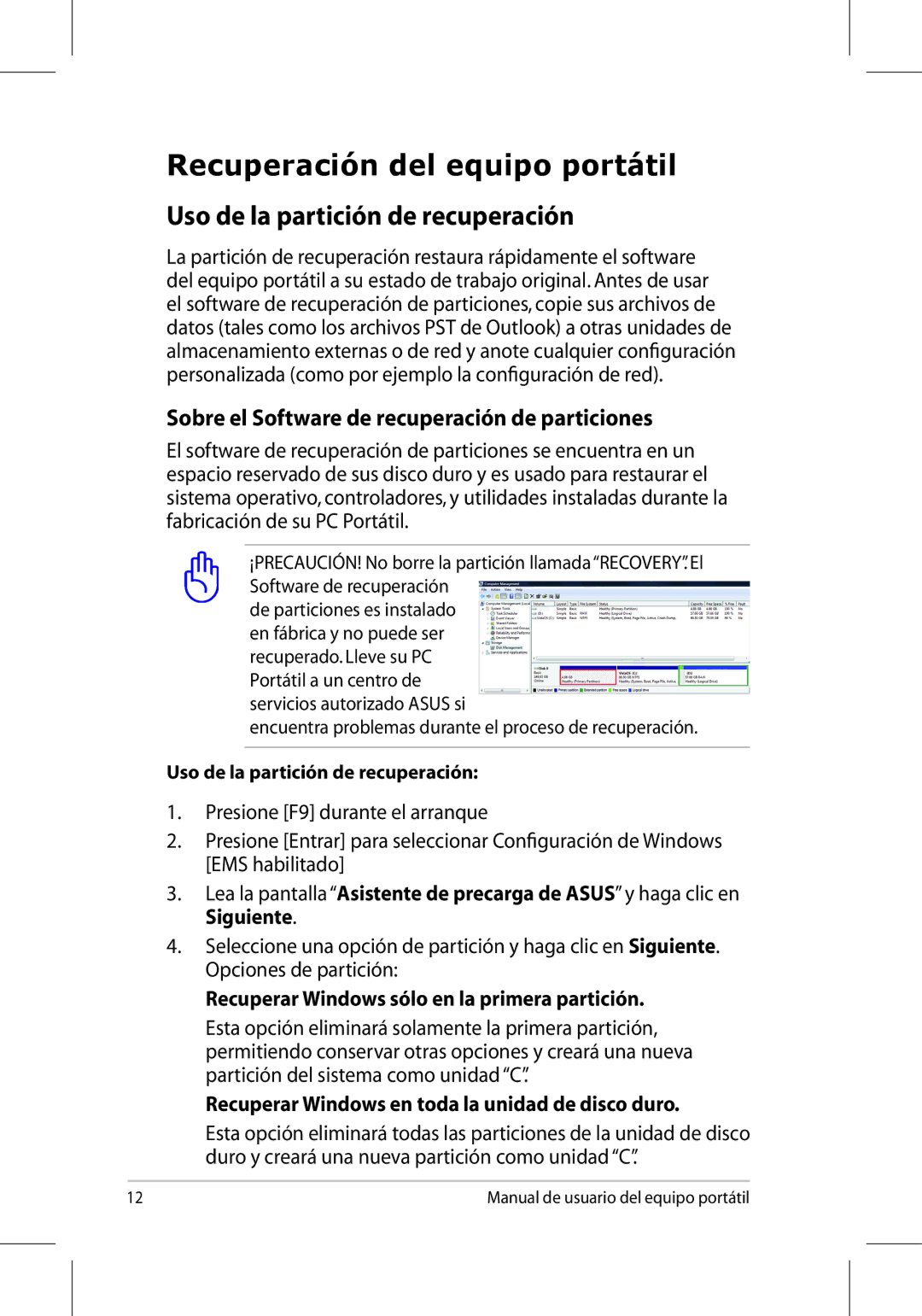 Asus UL50/PRO5G/X5G manual Recuperación del equipo portátil, Uso de la partición de recuperación 