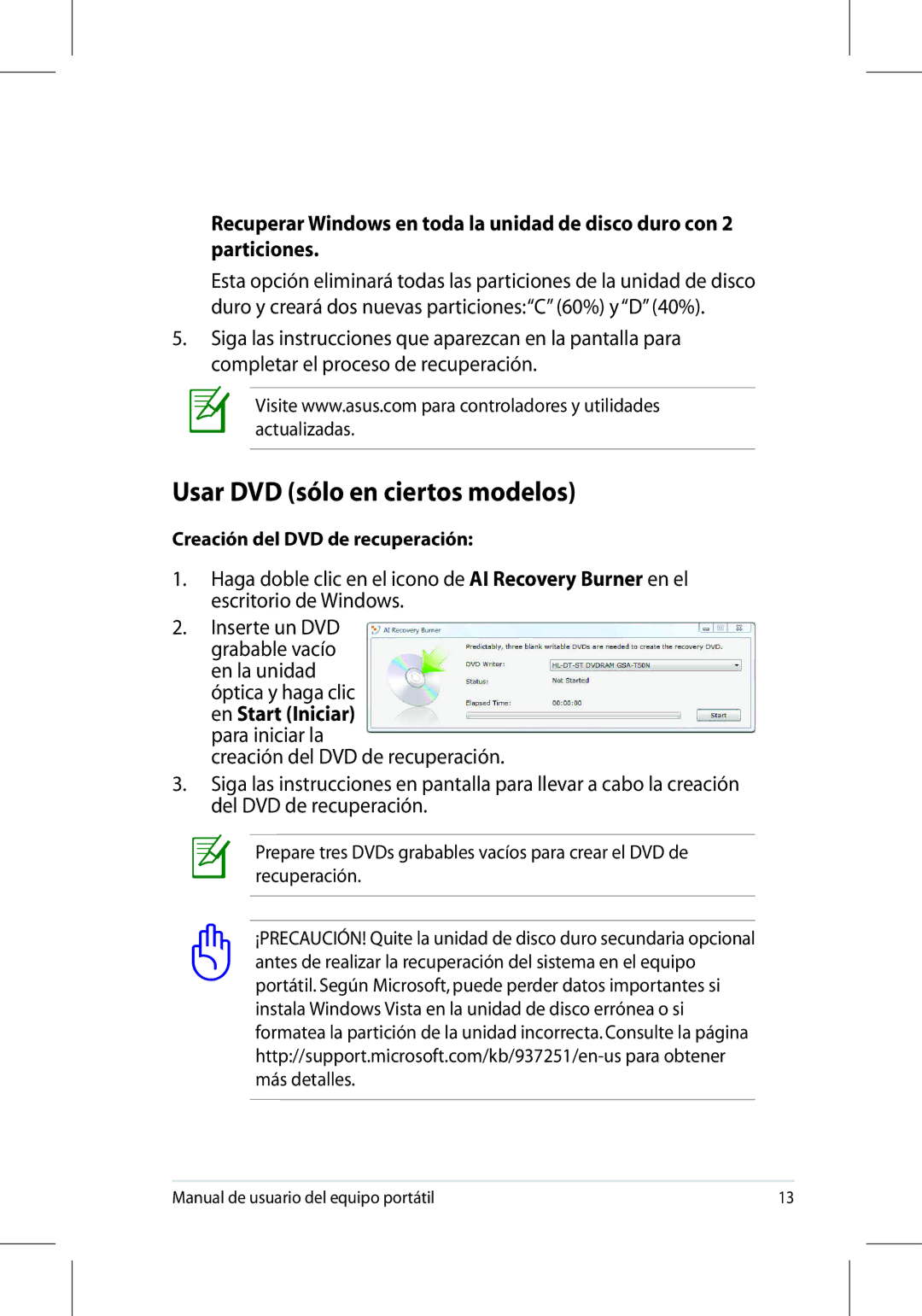 Asus UL50/PRO5G/X5G manual Usar DVD sólo en ciertos modelos 