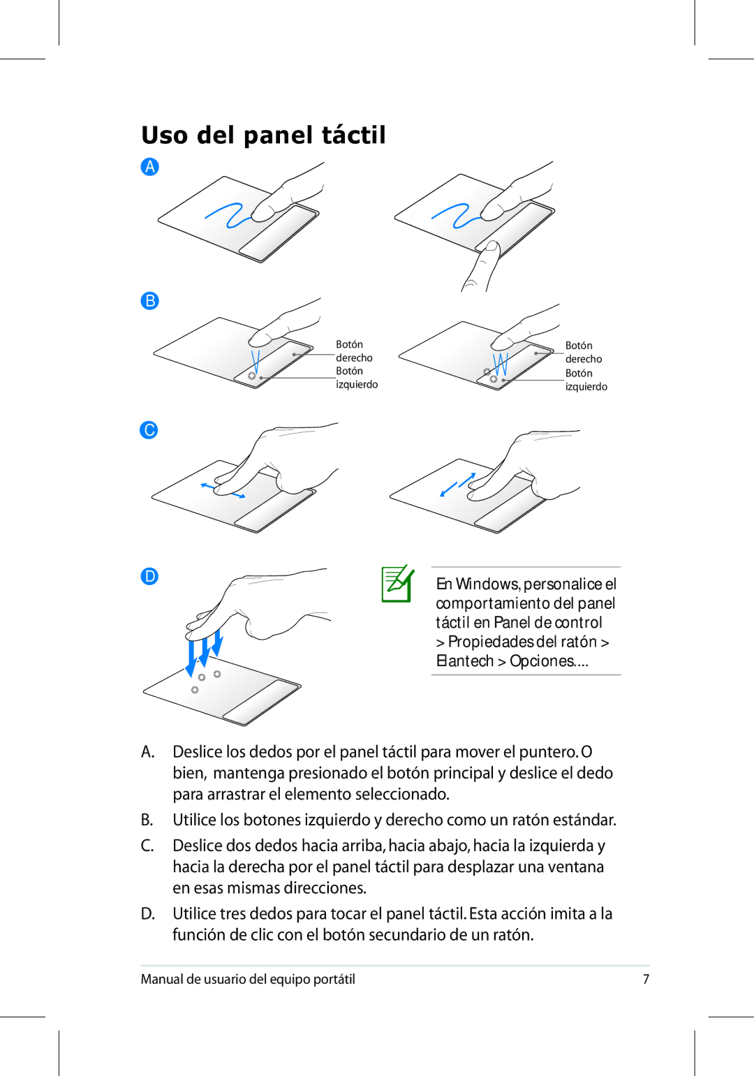 Asus UL50/PRO5G/X5G manual Uso del panel táctil 