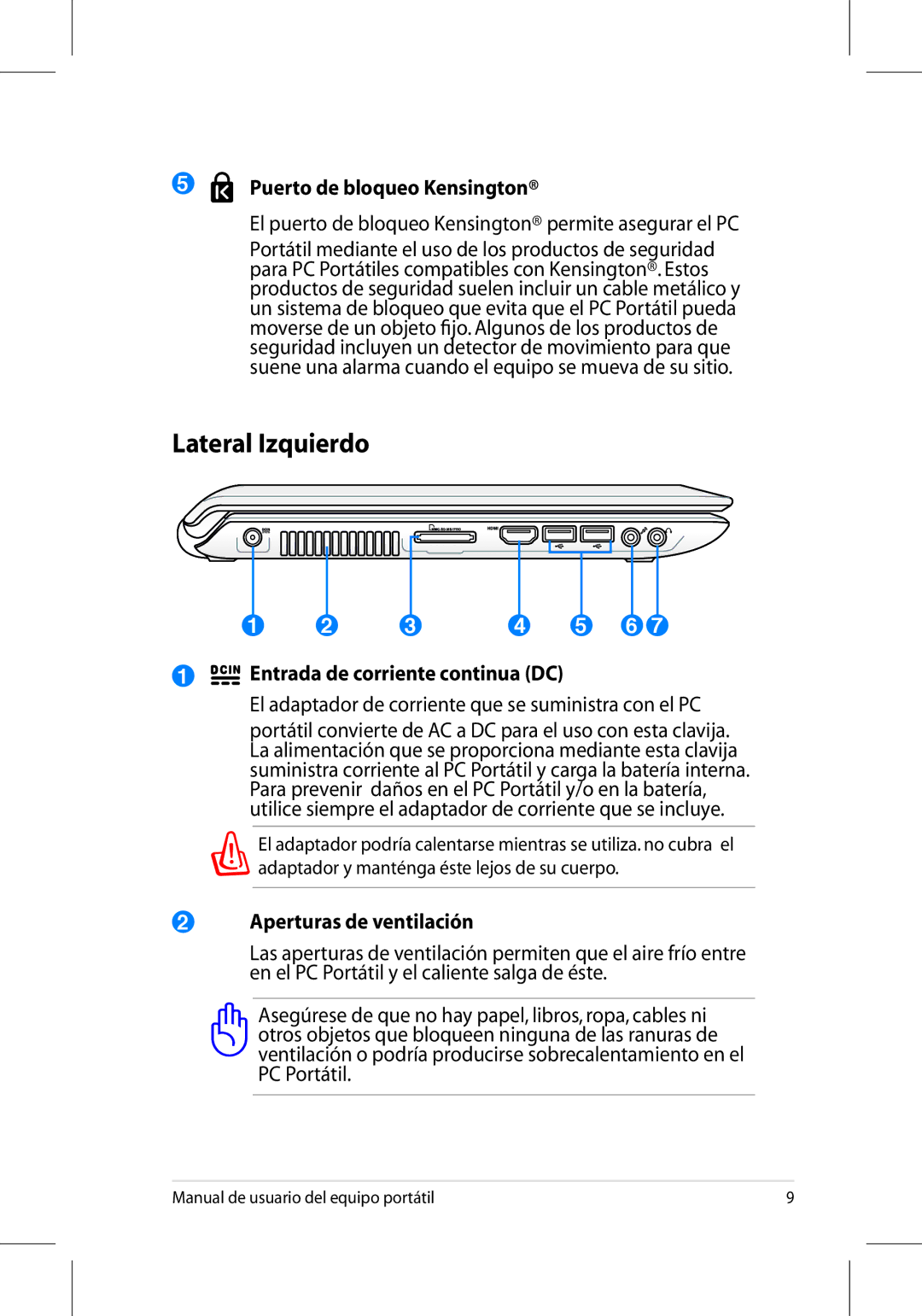 Asus UL50/PRO5G/X5G manual Lateral Izquierdo, Puerto de bloqueo Kensington, Entrada de corriente continua DC 