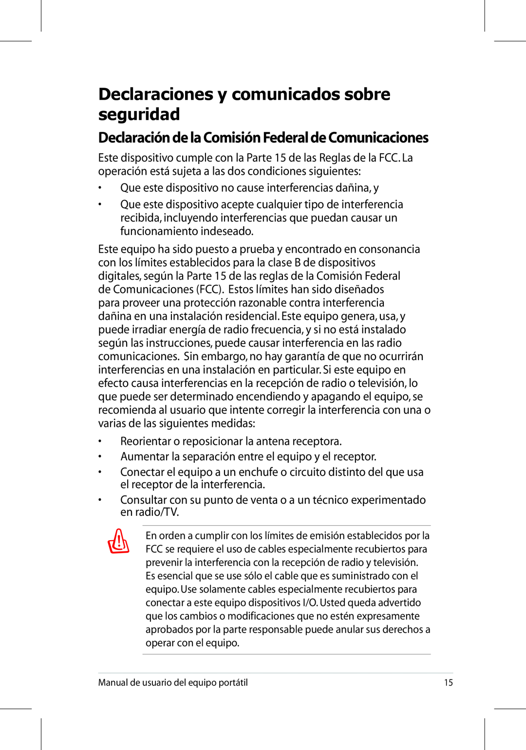 Asus UL50/PRO5G/X5G Declaraciones y comunicados sobre seguridad, Declaración de la Comisión Federal de Comunicaciones 