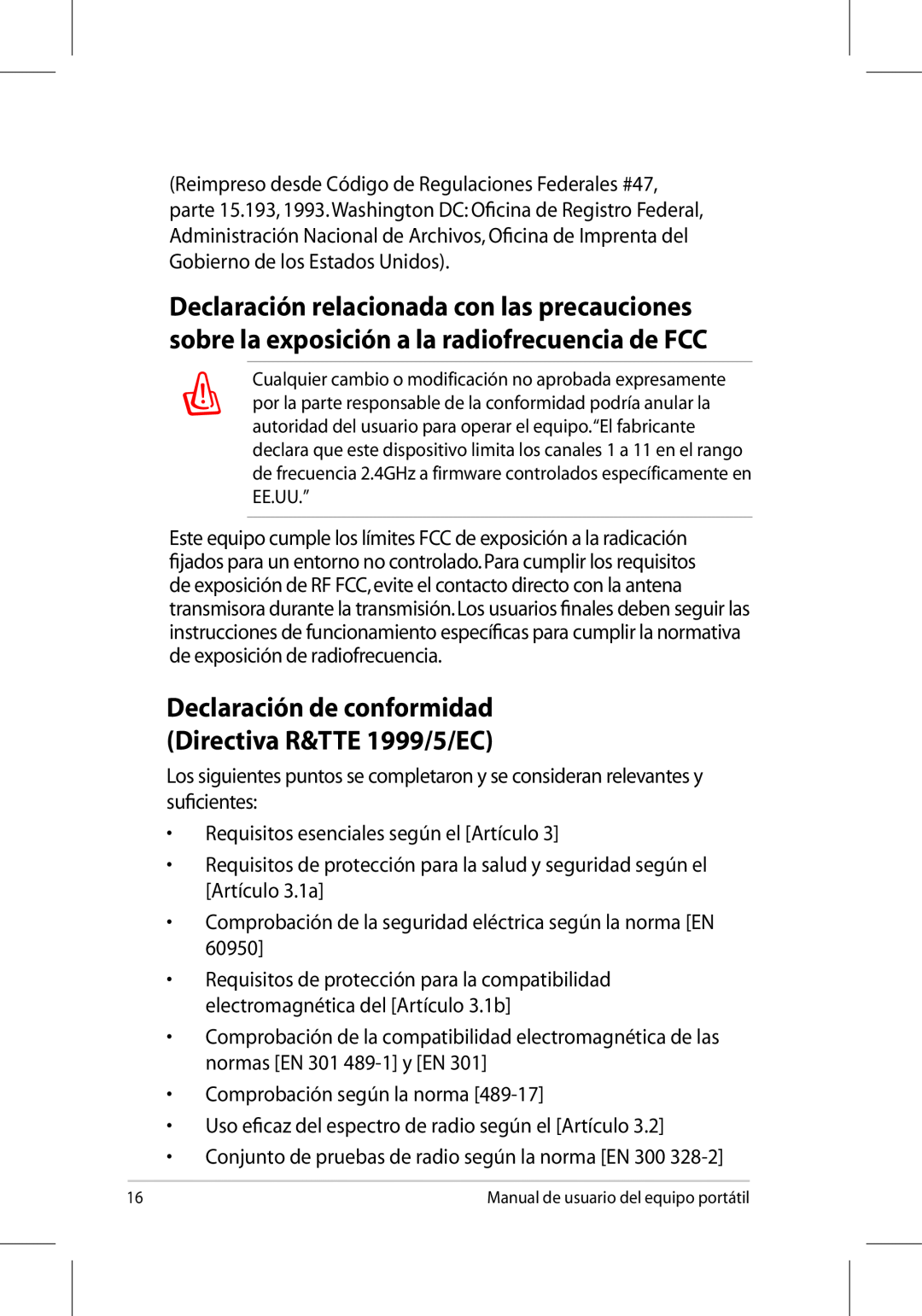 Asus UL50/PRO5G/X5G manual Declaración de conformidad Directiva R&TTE 1999/5/EC, Requisitos esenciales según el Artículo 