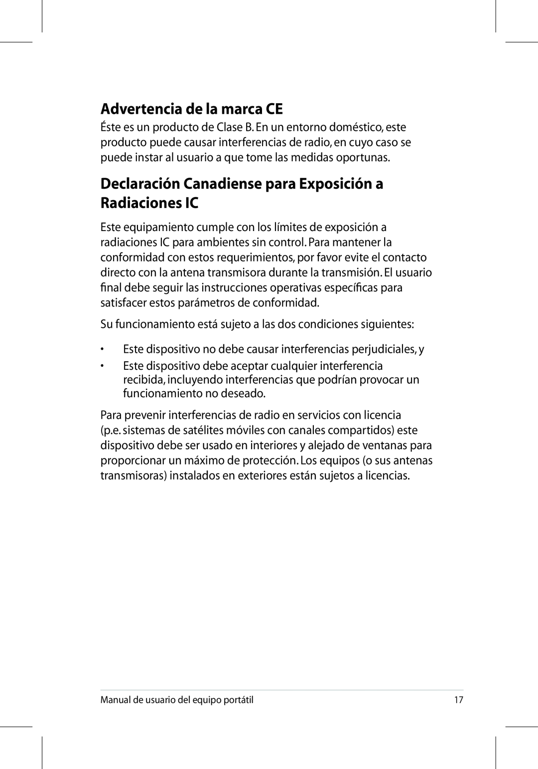 Asus UL50/PRO5G/X5G manual Advertencia de la marca CE, Declaración Canadiense para Exposición a Radiaciones IC 
