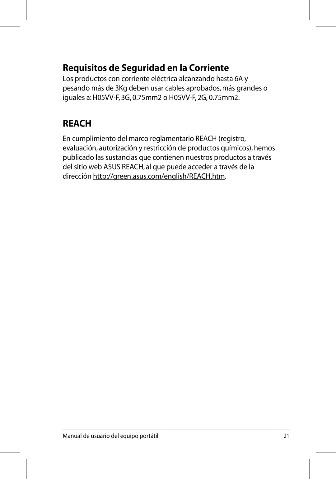 Asus UL50/PRO5G/X5G manual Requisitos de Seguridad en la Corriente, Reach 