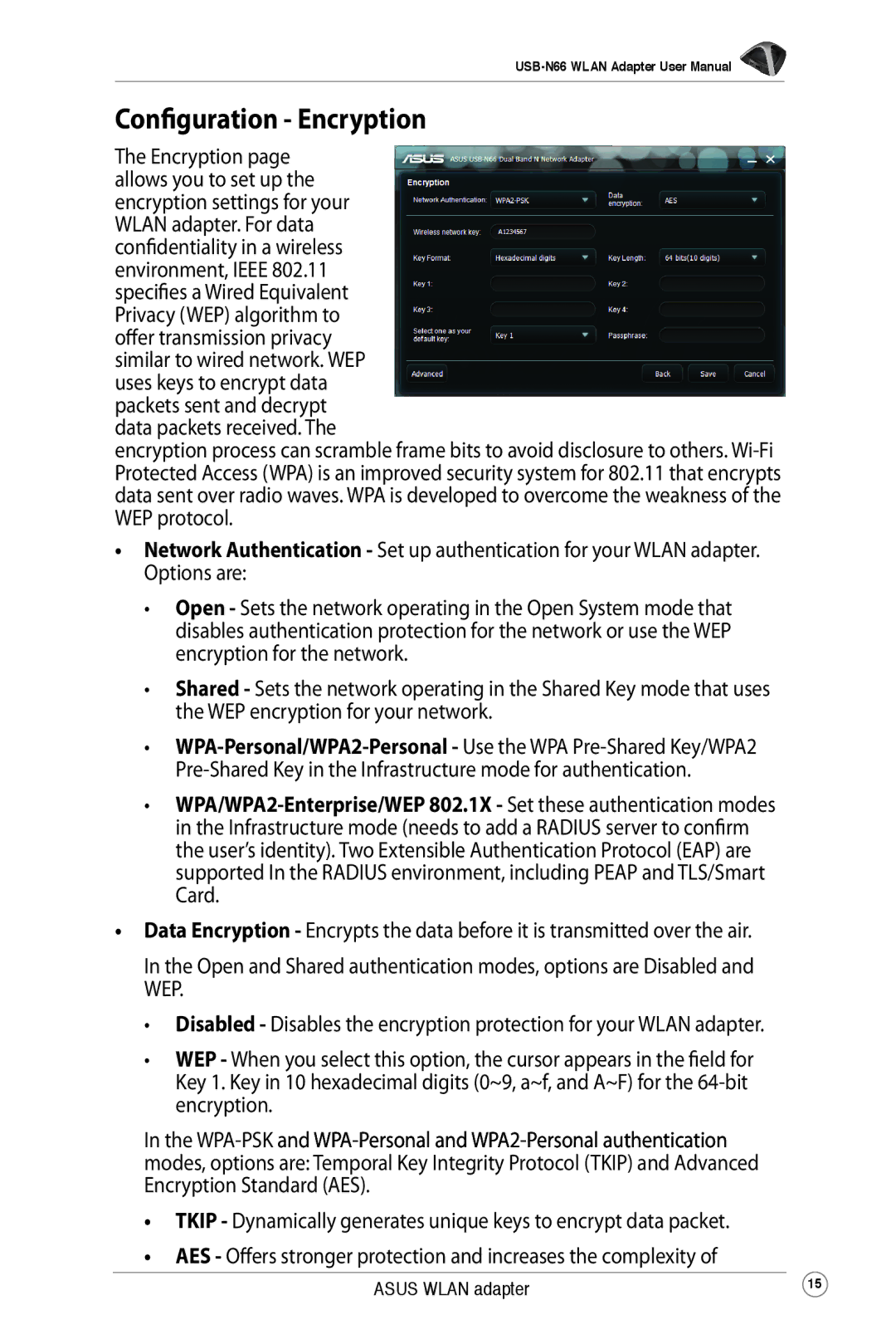 Asus USB-N66 user manual Configuration Encryption 