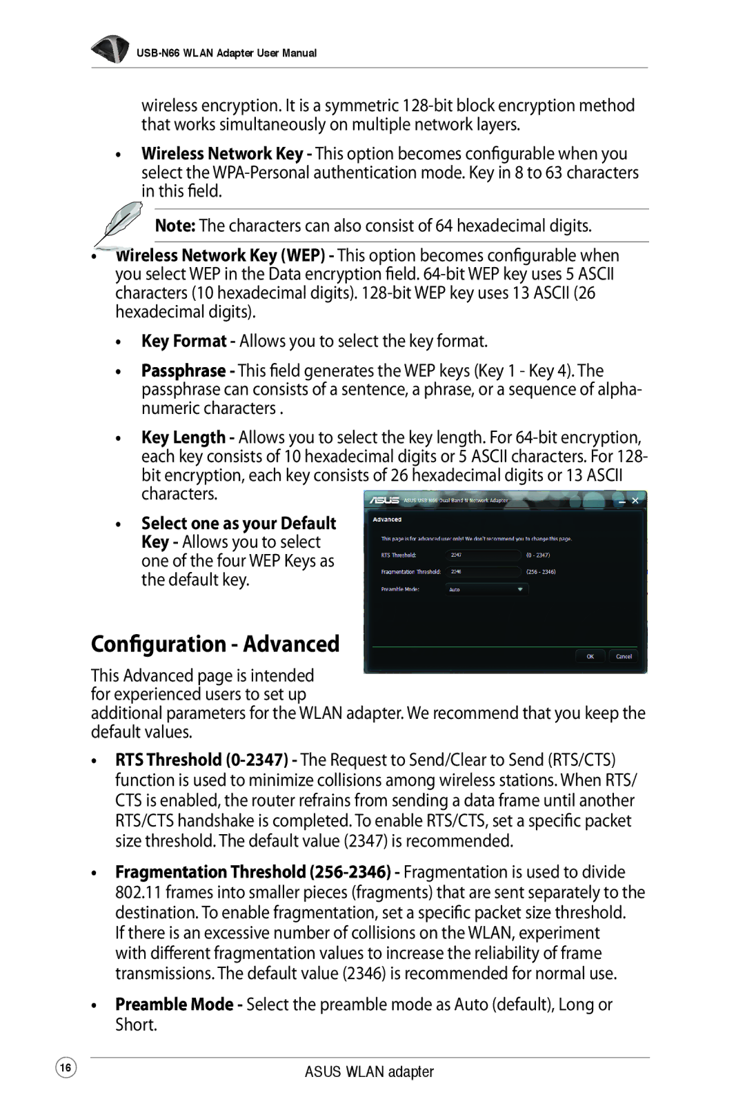 Asus USB-N66 user manual Configuration Advanced 