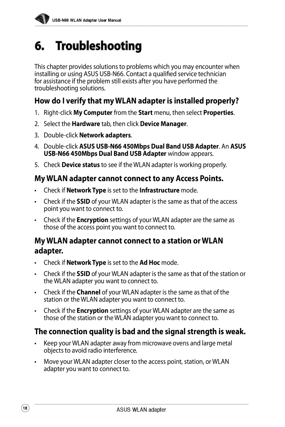 Asus USB-N66 Troubleshooting, How do I verify that my Wlan adapter is installed properly?, Double-clickNetwork adapters 