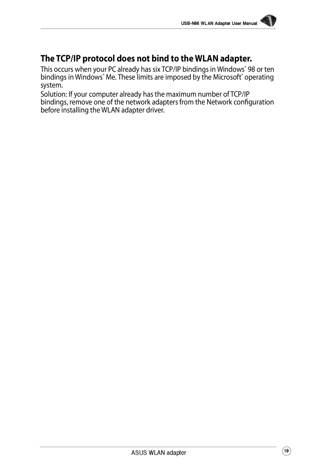 Asus USB-N66 user manual TCP/IP protocol does not bind to the Wlan adapter 