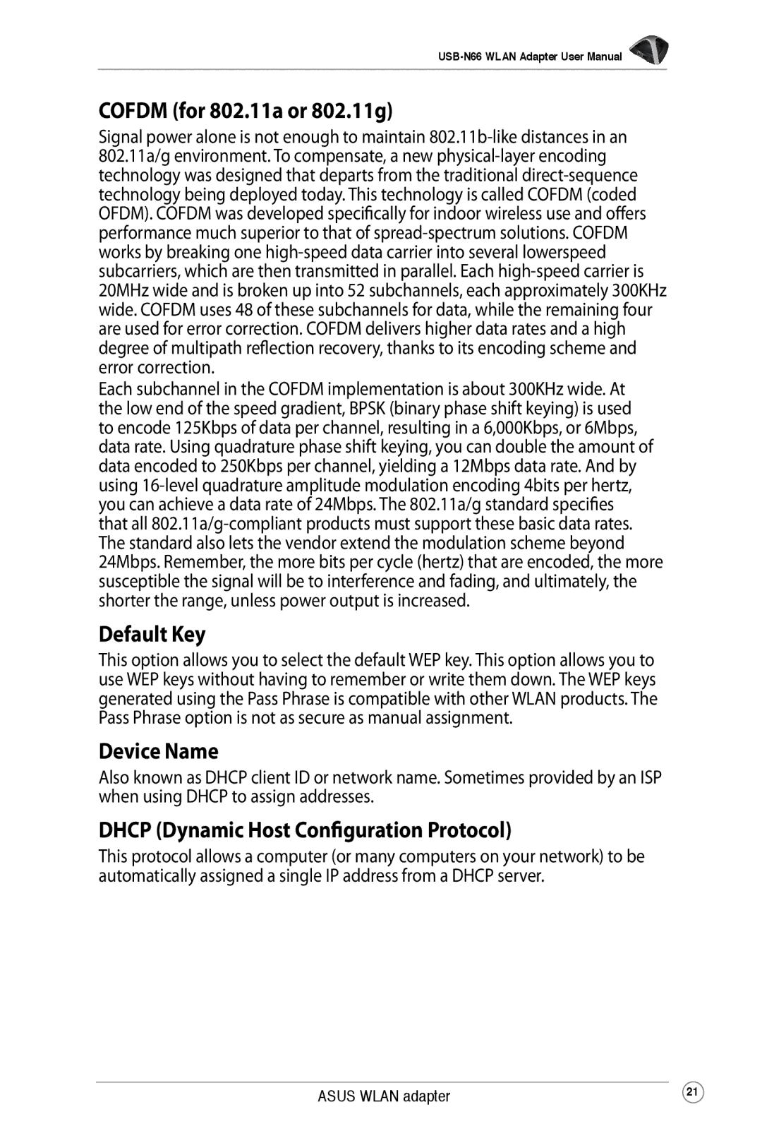 Asus USB-N66 user manual Cofdm for 802.11a or 802.11g, Default Key, Device Name, Dhcp Dynamic Host Configuration Protocol 
