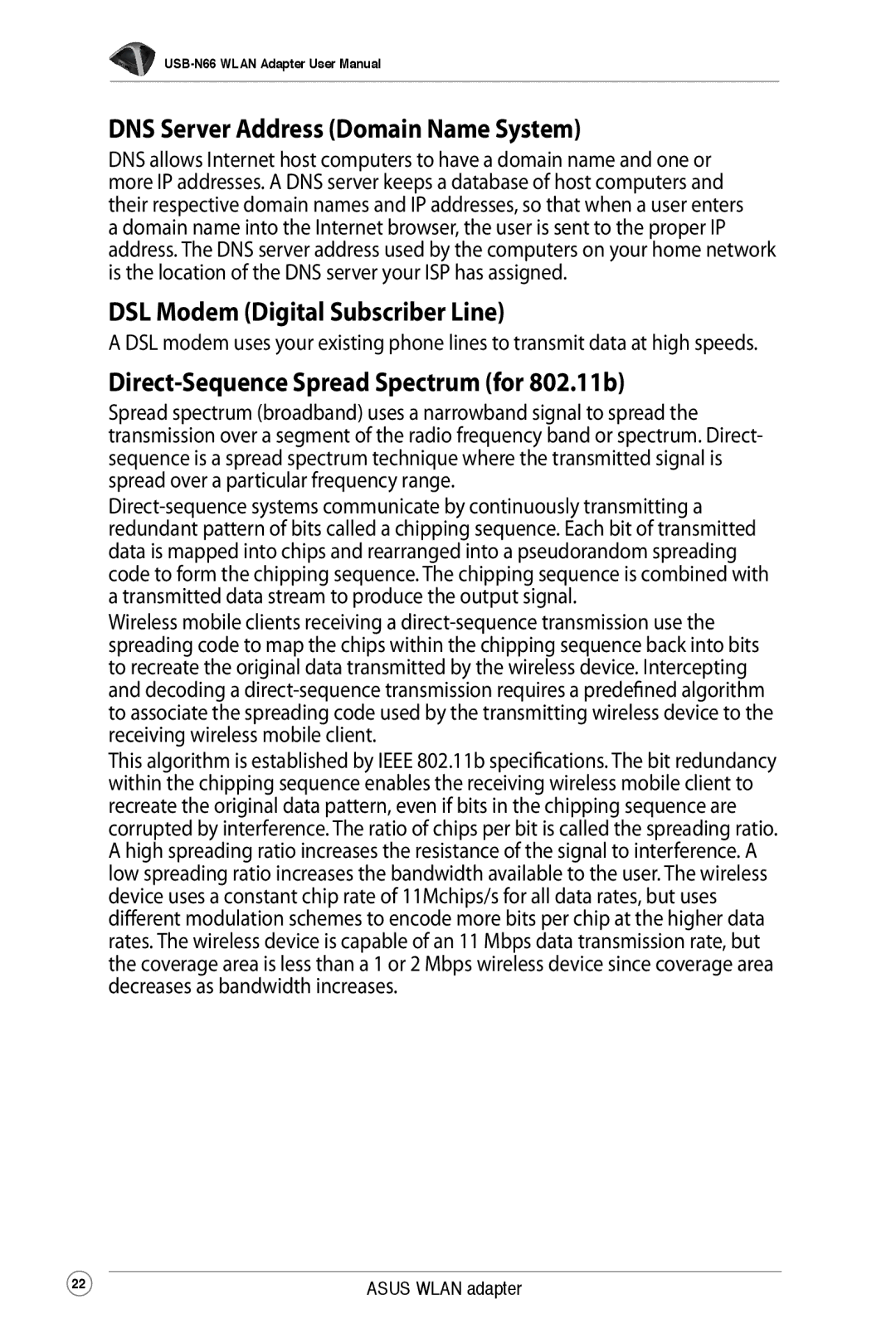 Asus USB-N66 user manual DNS Server Address Domain Name System, DSL Modem Digital Subscriber Line 