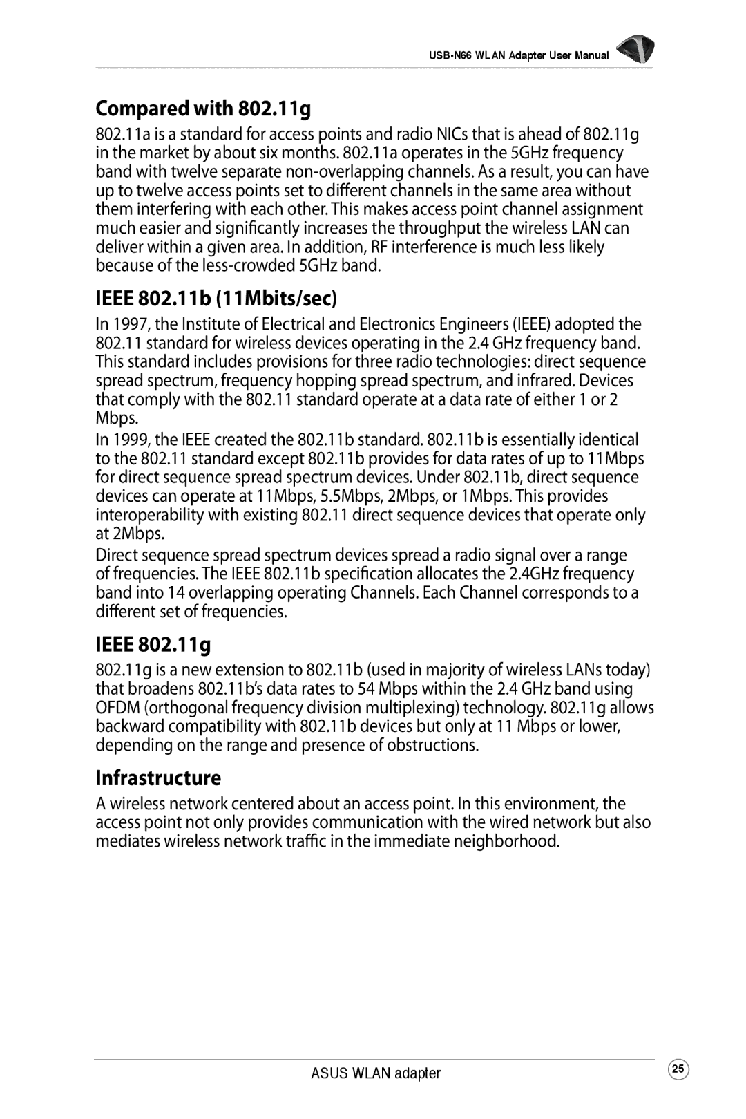 Asus USB-N66 user manual Compared with 802.11g, Ieee 802.11b 11Mbits/sec, Ieee 802.11g, Infrastructure 