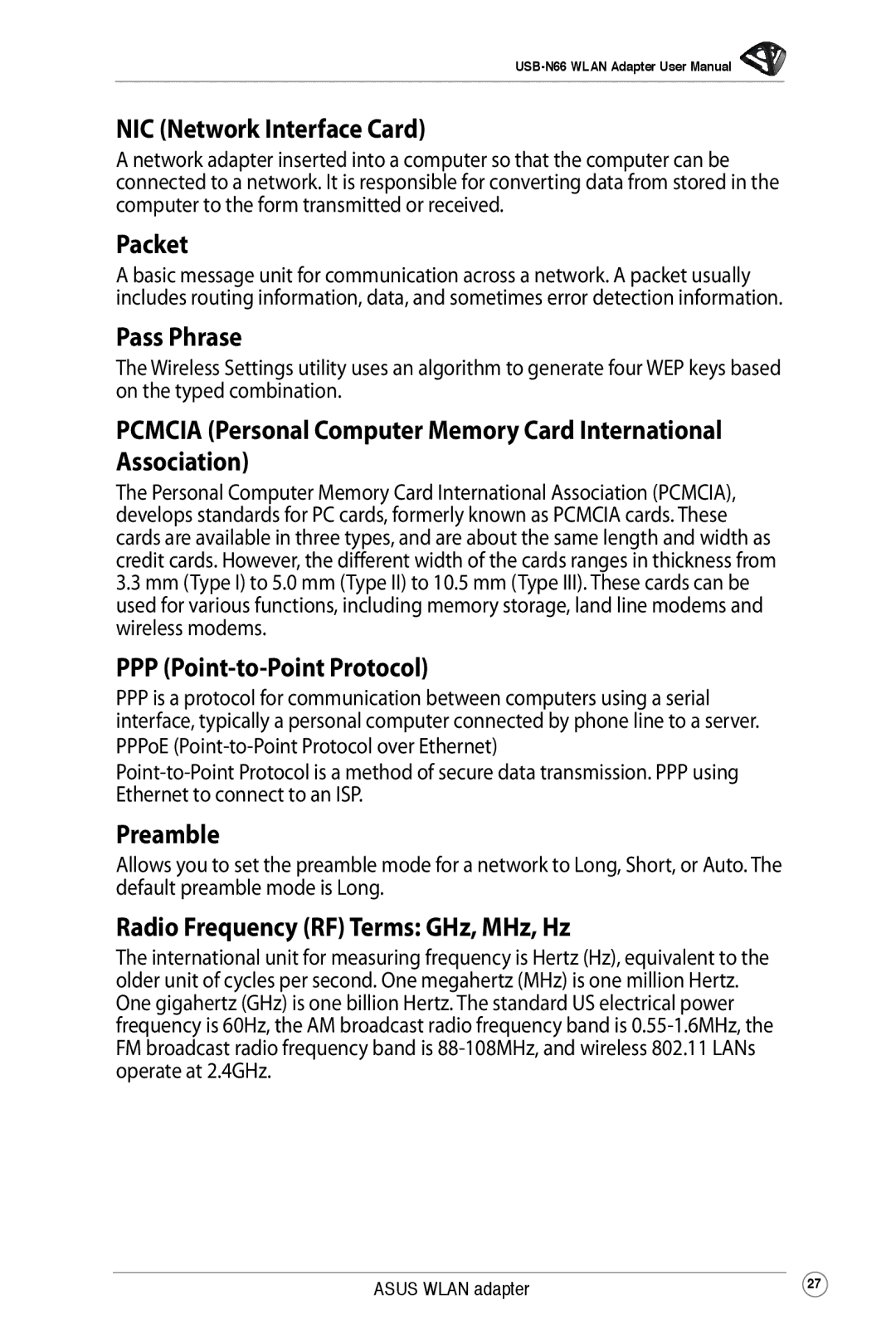 Asus USB-N66 user manual NIC Network Interface Card, Packet, Pass Phrase, PPP Point-to-Point Protocol, Preamble 