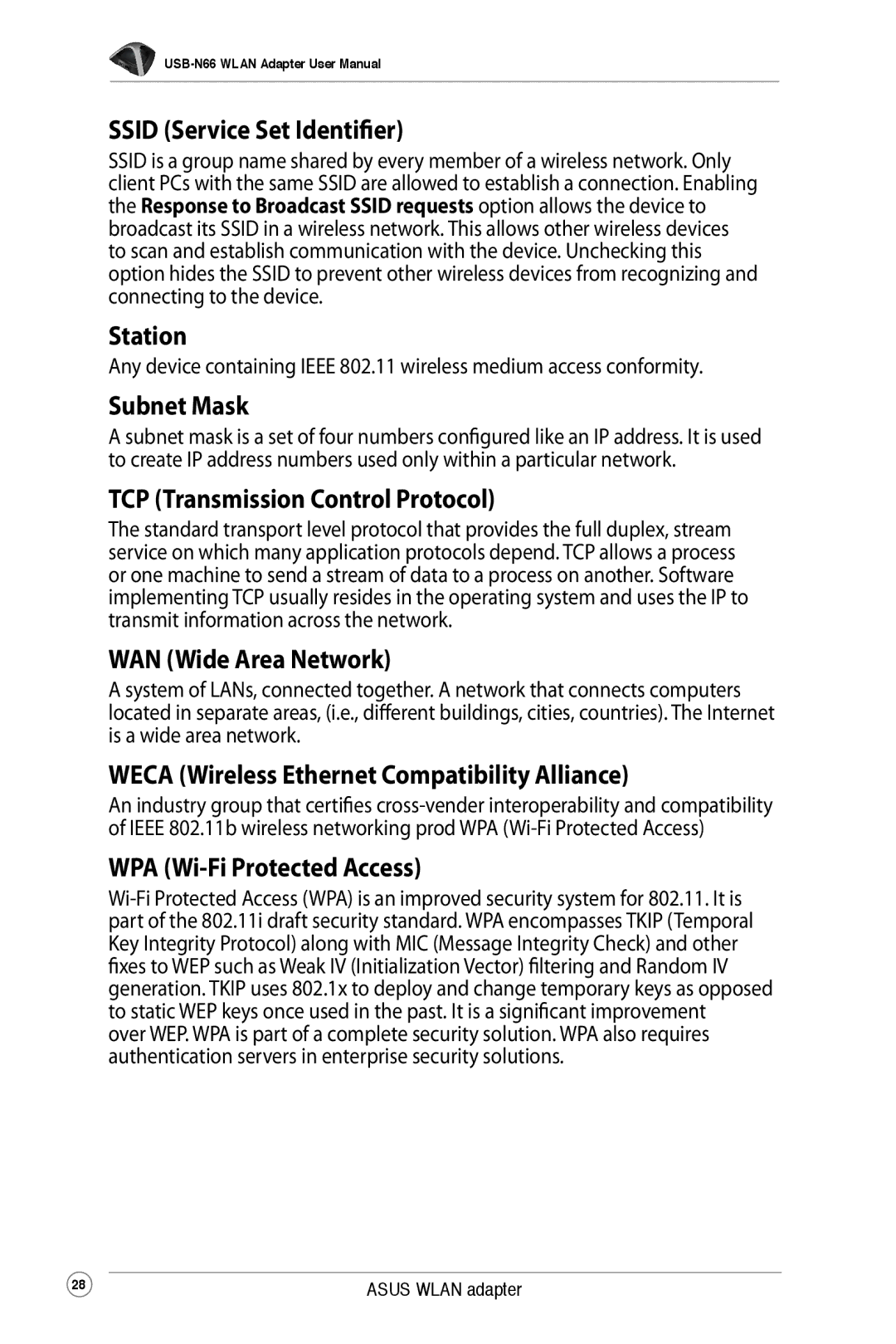 Asus USB-N66 Ssid Service Set Identifier, Station, Subnet Mask, TCP Transmission Control Protocol, WAN Wide Area Network 