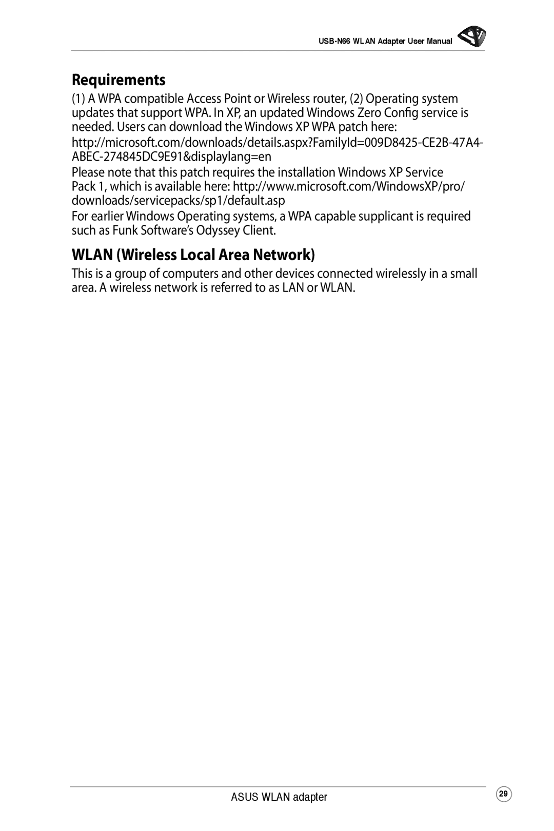 Asus USB-N66 user manual Requirements, Wlan Wireless Local Area Network 