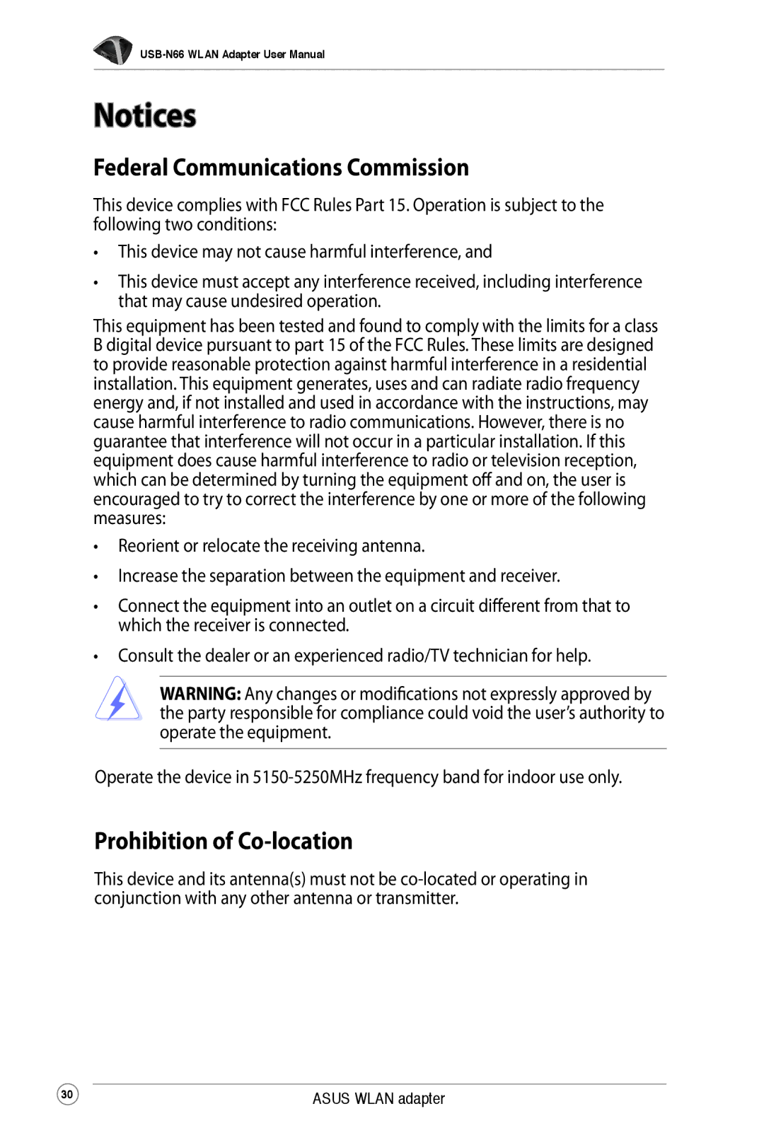 Asus USB-N66 user manual Federal Communications Commission, Prohibition of Co-location 