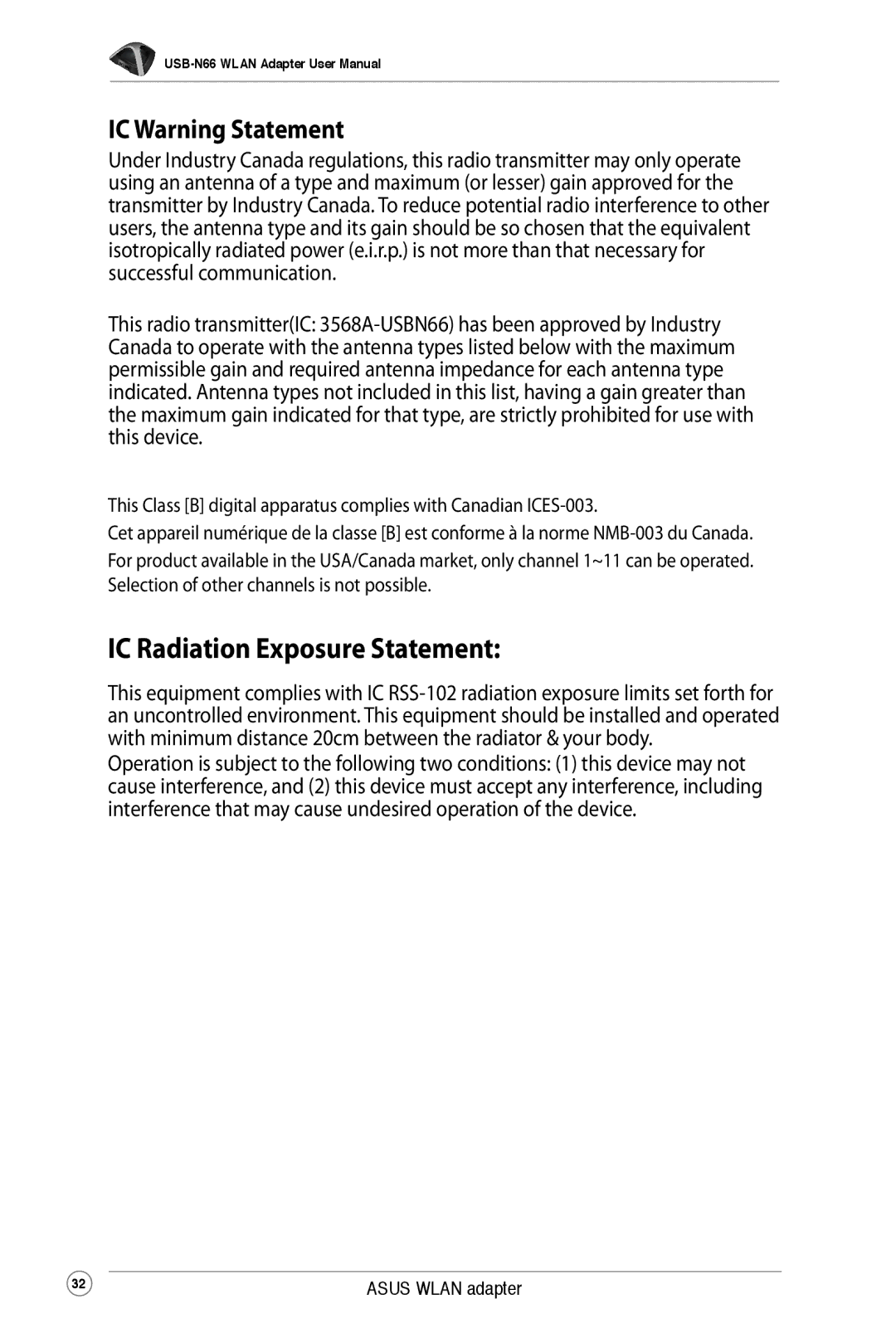 Asus USB-N66 user manual IC Radiation Exposure Statement, IC Warning Statement 