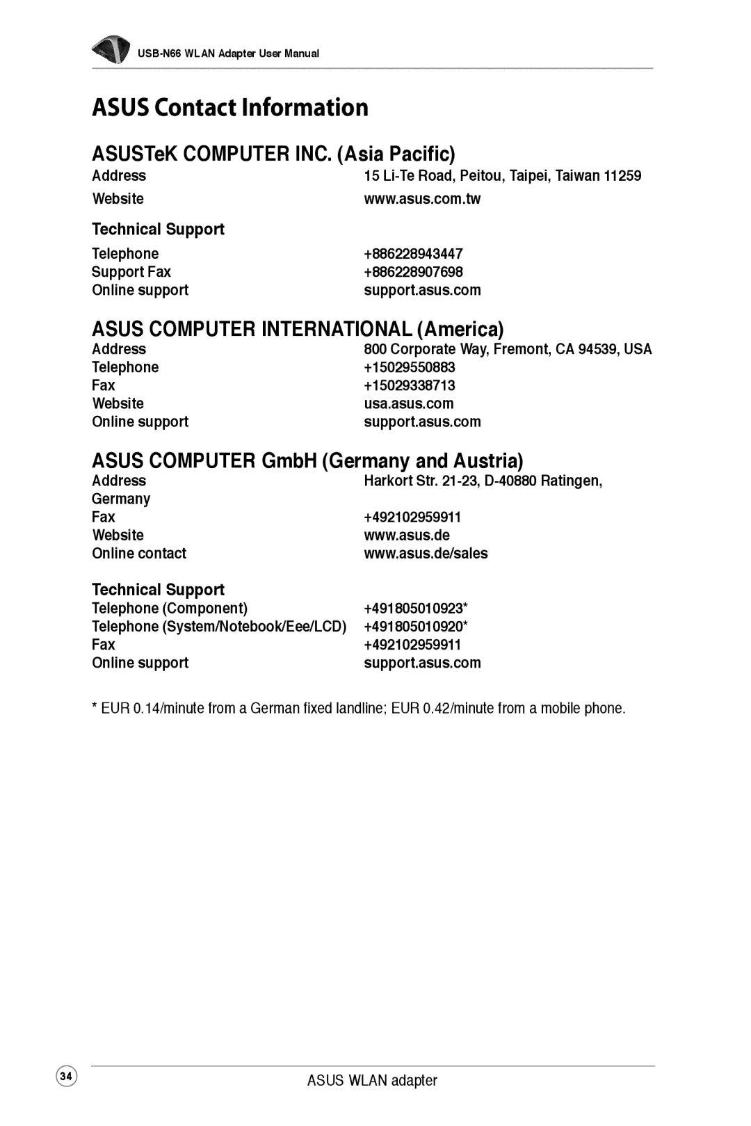 Asus USB-N66 user manual Asus Contact Information, ASUSTeK Computer INC. Asia Pacific 