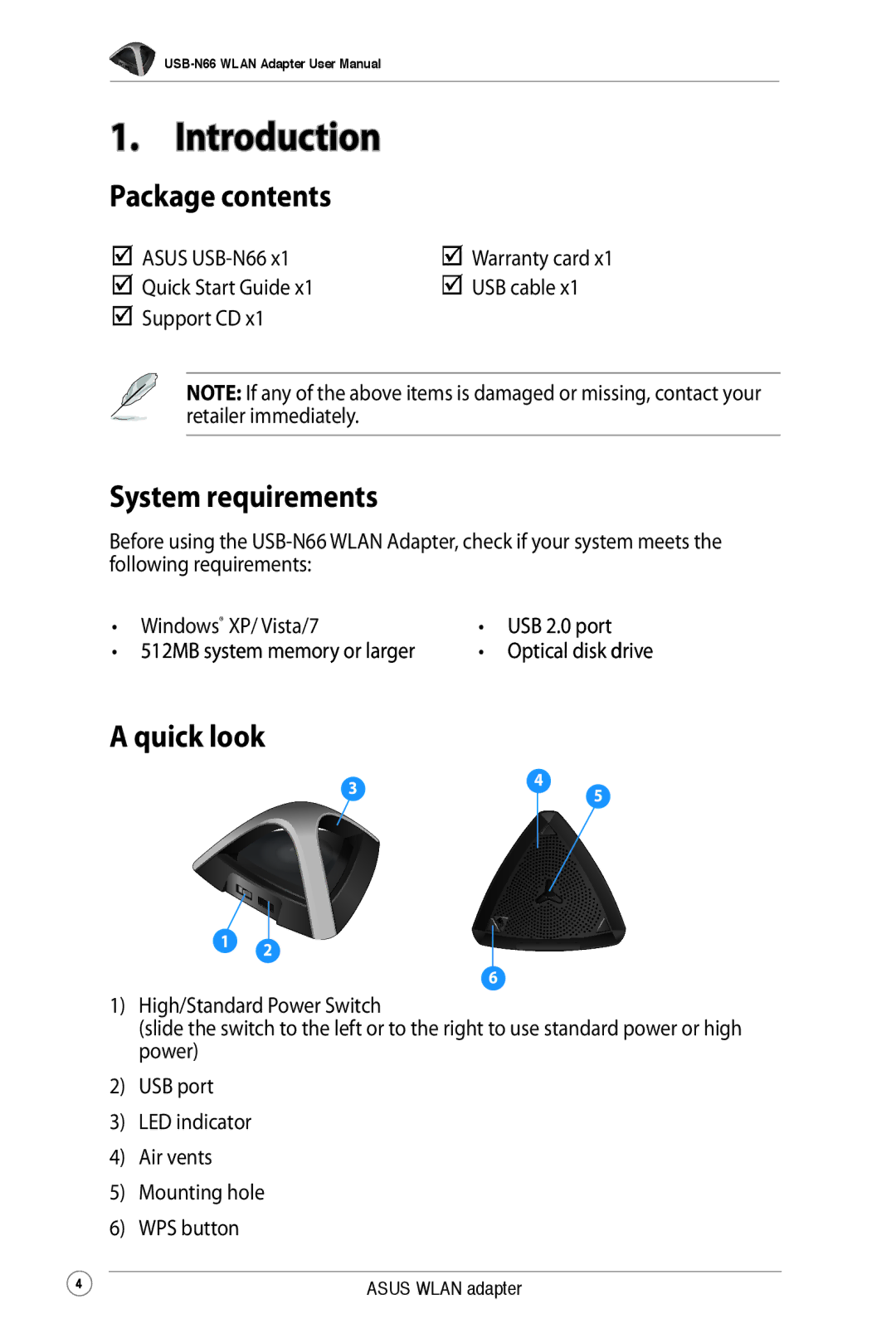 Asus USB-N66 user manual Introduction, Package contents, System requirements, Quick look, USB 2.0 port 