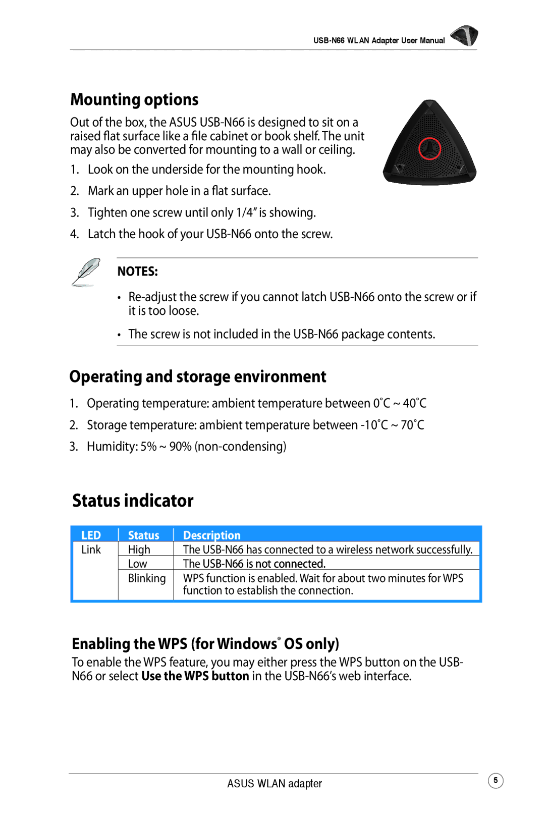 Asus USB-N66 Status indicator, Mounting options, Operating and storage environment, Enabling the WPS for Windows OS only 