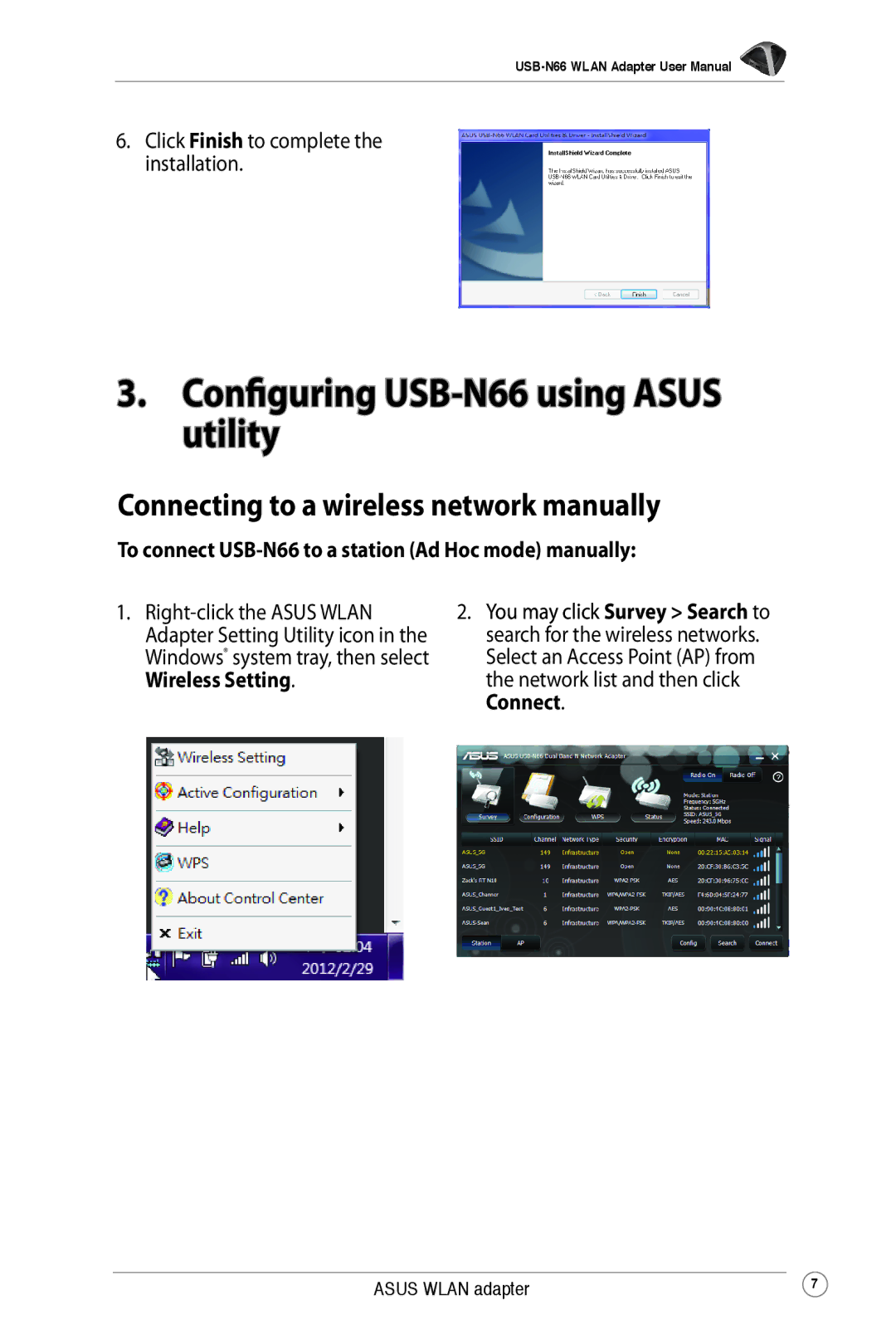 Asus user manual Configuring USB-N66 using Asus utility, Connecting to a wireless network manually 