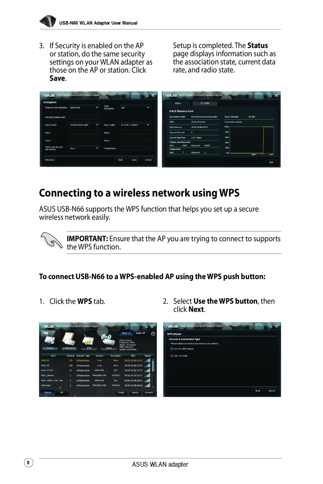 Asus USB-N66 user manual Connecting to a wireless network using WPS 