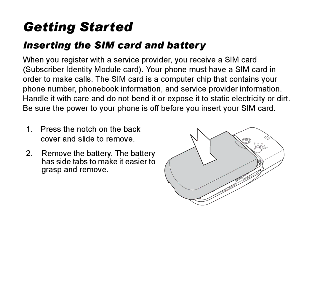 Asus V55 manual Getting Started, Inserting the SIM card and battery 