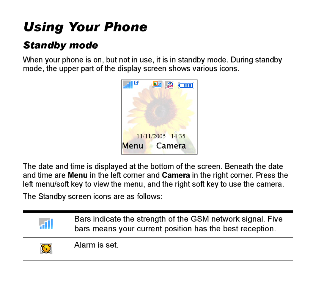 Asus V55 manual Using Your Phone, Standby mode, Menu Camera 