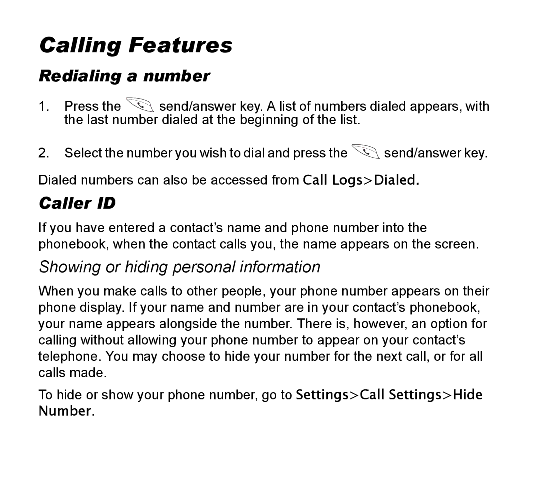 Asus V55 manual Calling Features, Redialing a number, Caller ID, Showing or hiding personal information 