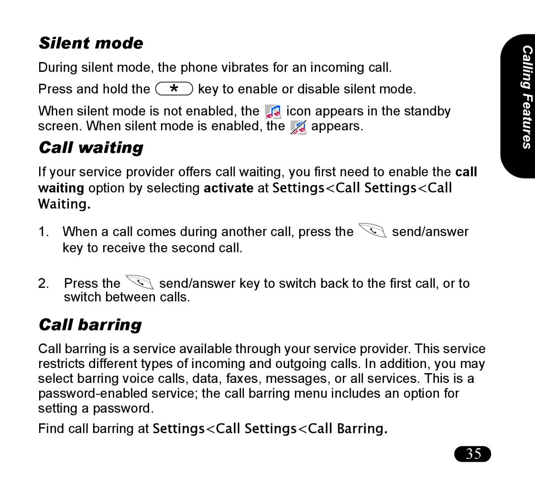 Asus V55 manual Silent mode, Call waiting, Call barring, Waiting, Find call barring at SettingsCall SettingsCall Barring 