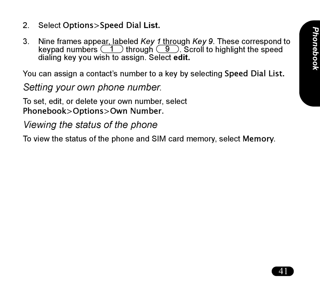 Asus V55 manual Setting your own phone number, Viewing the status of the phone, Select OptionsSpeed Dial List 