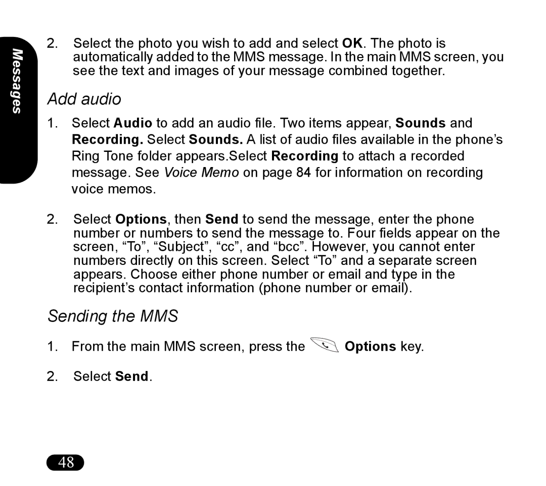 Asus V55 manual Add audio, Sending the MMS 