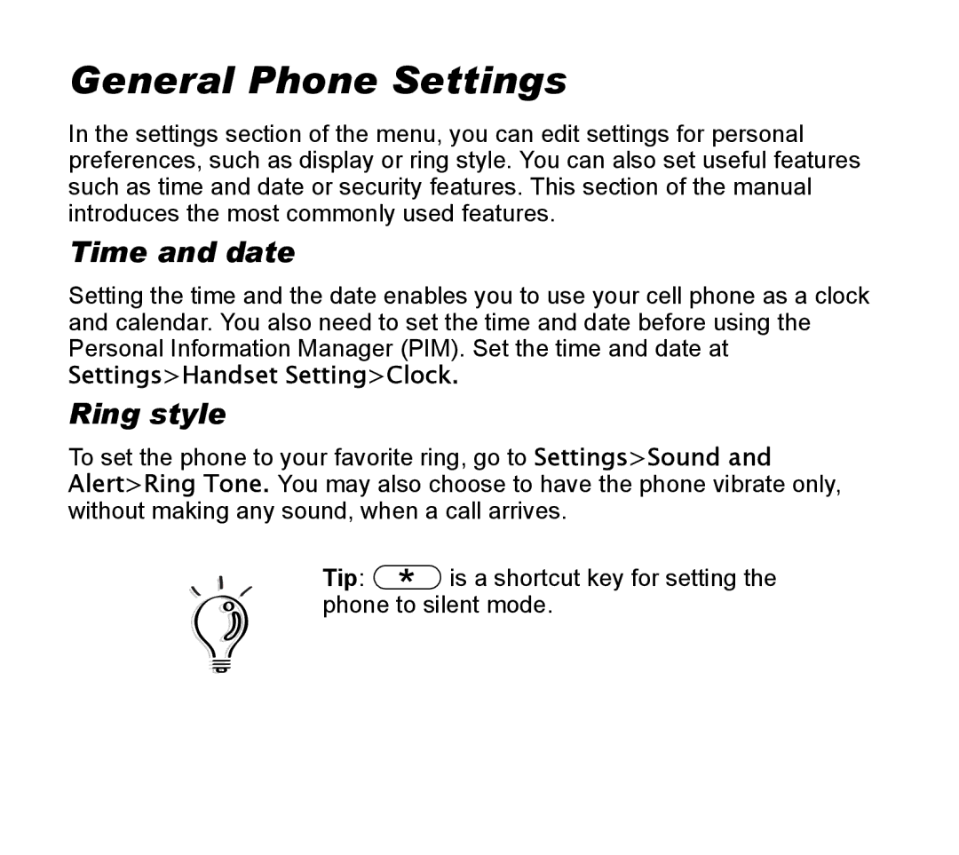 Asus V55 manual General Phone Settings, Time and date, Ring style, SettingsHandset SettingClock 