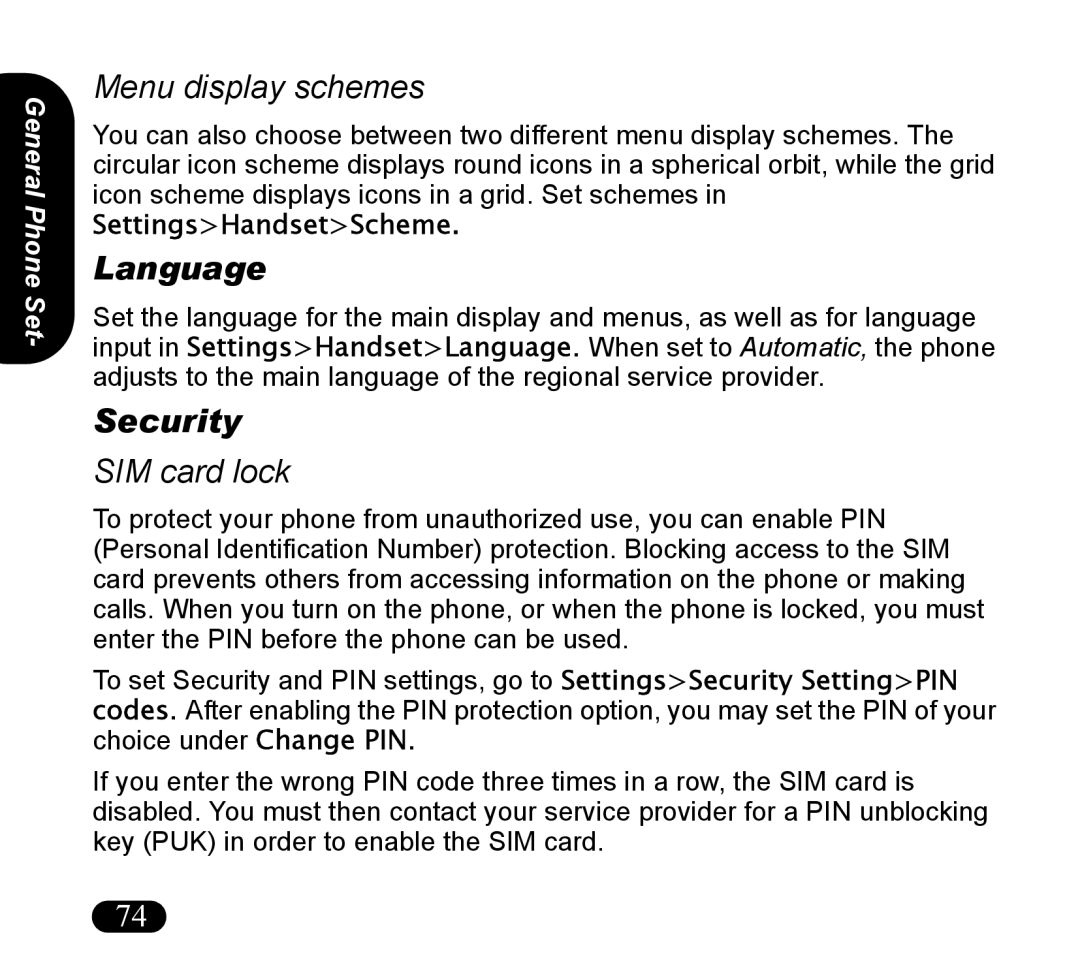 Asus V55 manual Menu display schemes, Language, Security, SIM card lock, SettingsHandsetScheme 