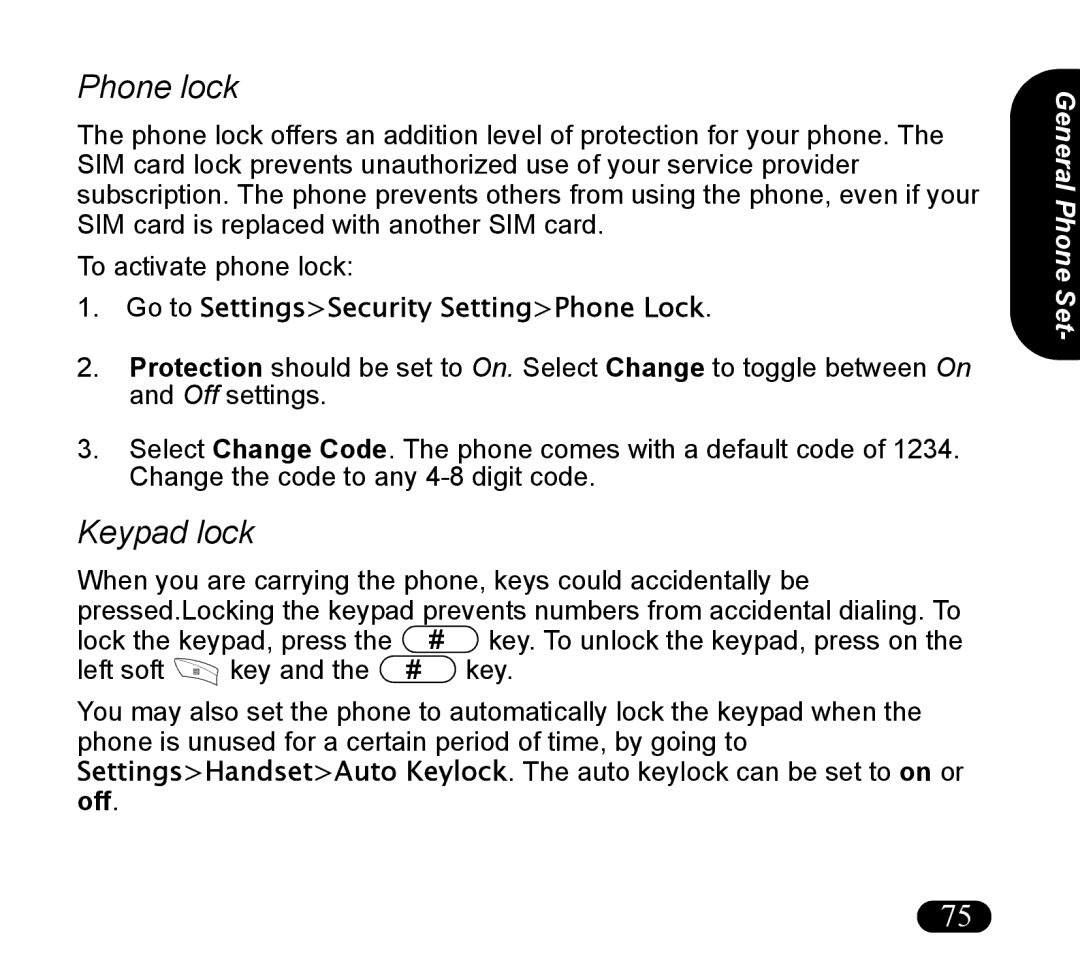 Asus V55 manual Phone lock, Keypad lock, Go to SettingsSecurity SettingPhone Lock 