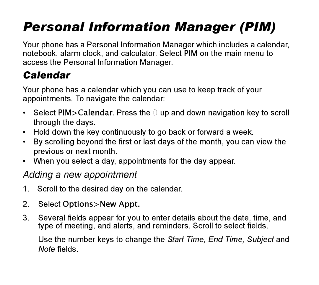 Asus V55 manual Personal Information Manager PIM, Calendar, Adding a new appointment, Select OptionsNew Appt 