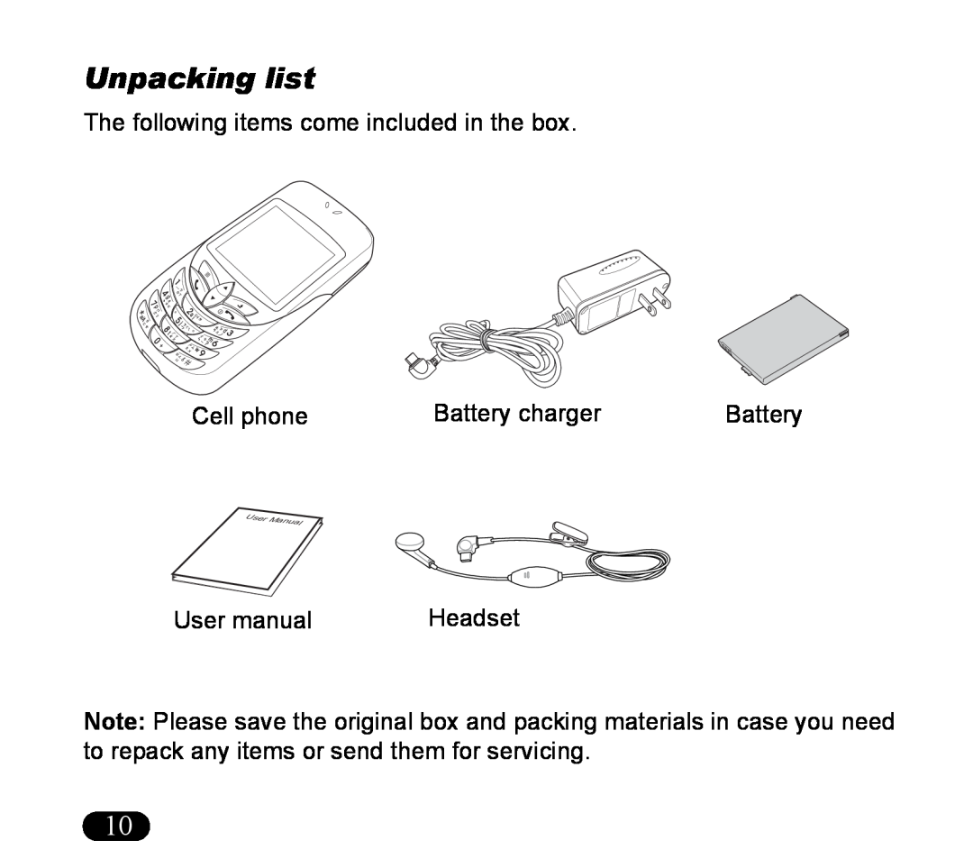 Asus V55 Unpacking list, The following items come included in the box, Cell phone, Battery charger, User manual, Headset 