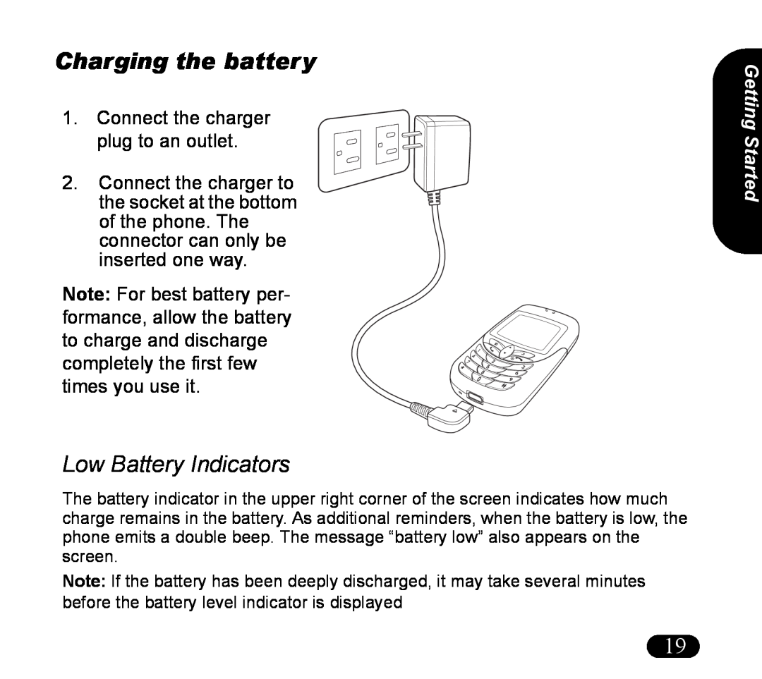 Asus V55 manual Charging the battery, Low Battery Indicators, Getting Started 