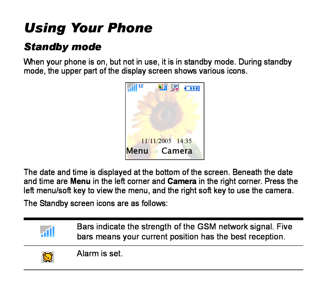 Asus V55 manual Using Your Phone, Standby mode, Menu Camera 