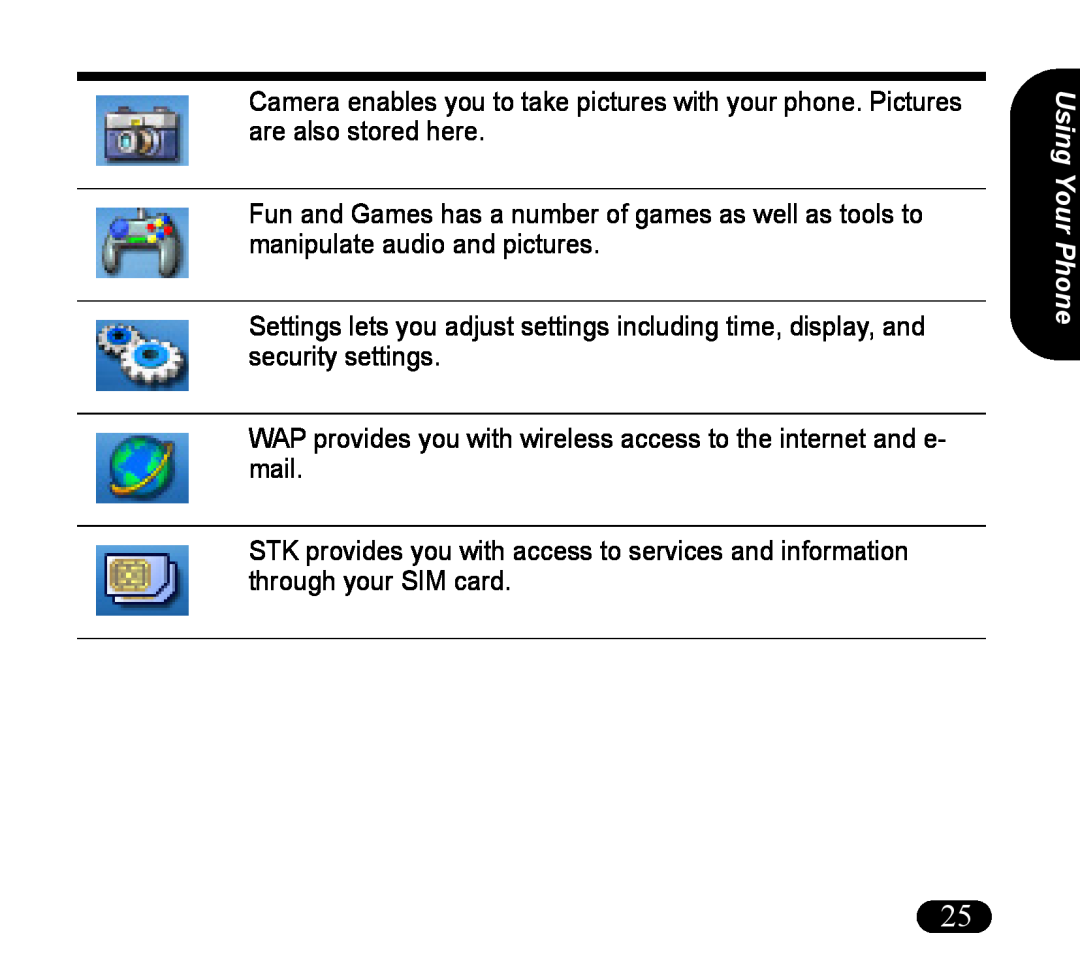 Asus V55 manual WAP provides you with wireless access to the internet and e- mail, Using Your Phone 