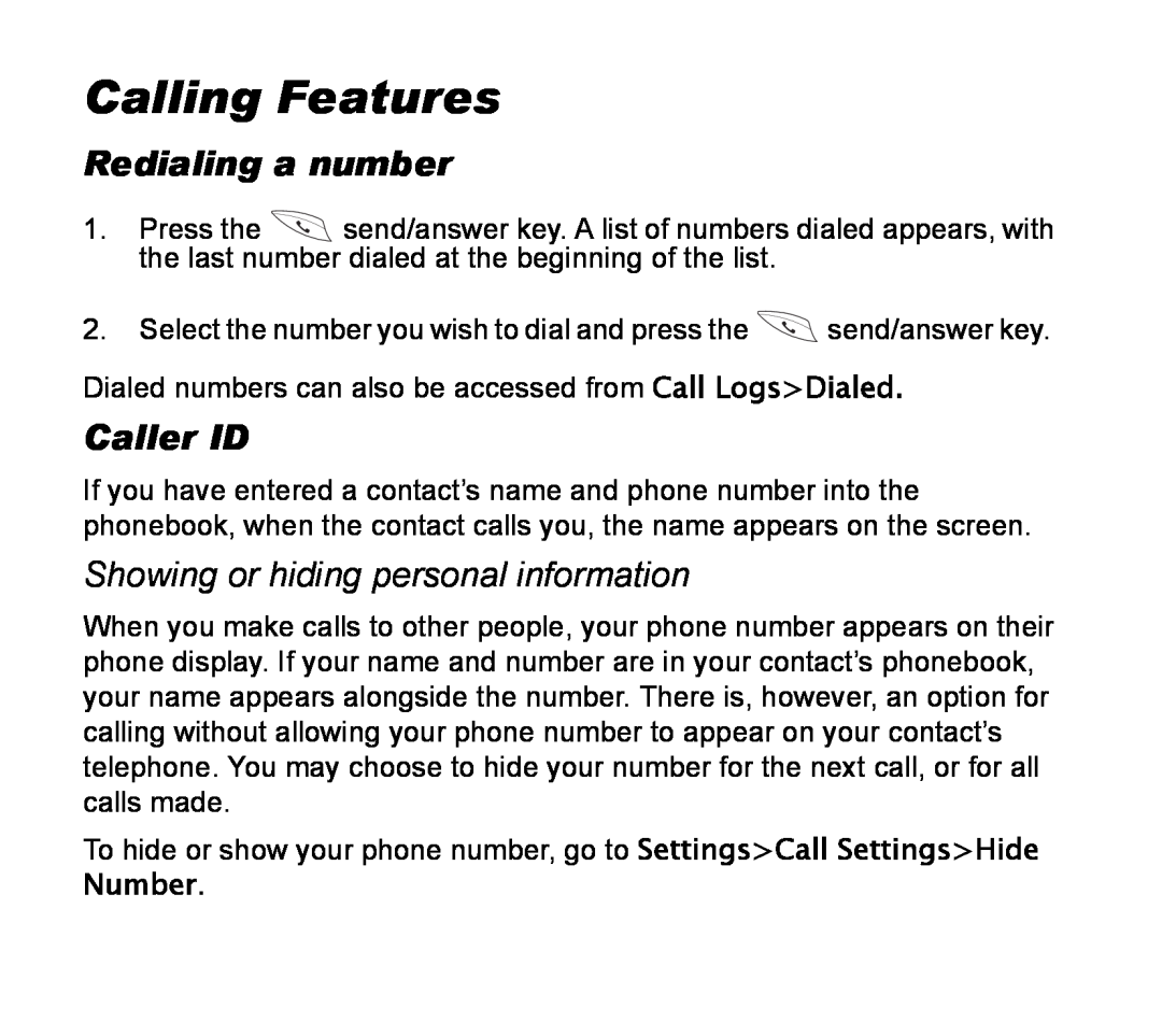 Asus V55 manual Calling Features, Redialing a number, Caller ID, Showing or hiding personal information 