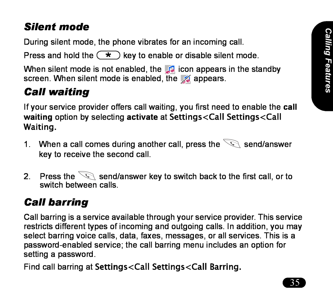 Asus V55 manual Silent mode, Call waiting, Call barring, Waiting, Find call barring at SettingsCall SettingsCall Barring 