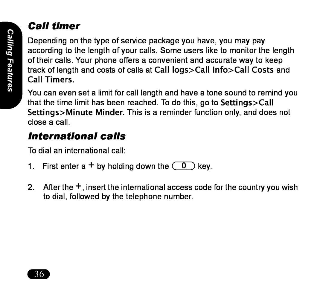 Asus V55 manual Call timer, International calls, Calling Features 