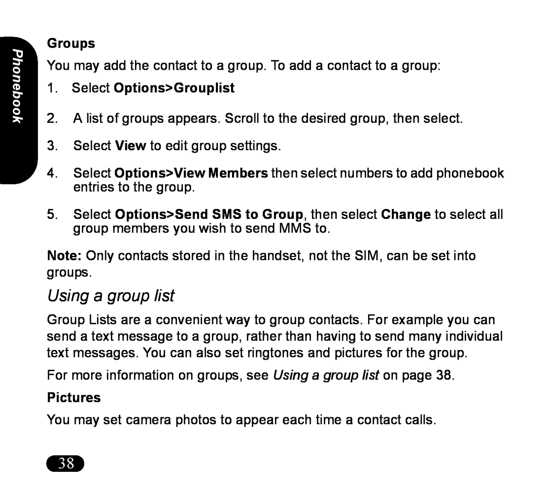 Asus V55 manual Using a group list, Phonebook, Groups, Select OptionsGrouplist, Pictures 