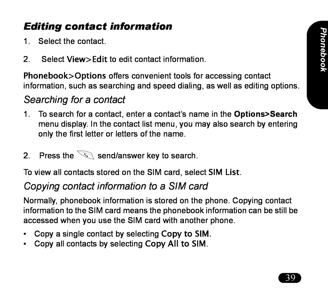 Asus V55 manual Editing contact information, Searching for a contact, Copying contact information to a SIM card, Phonebook 